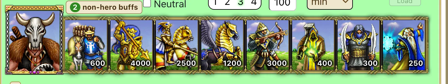 The hero portrait and eight unit cards with counts