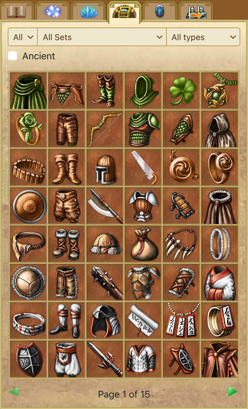 The artifacts tab with filters