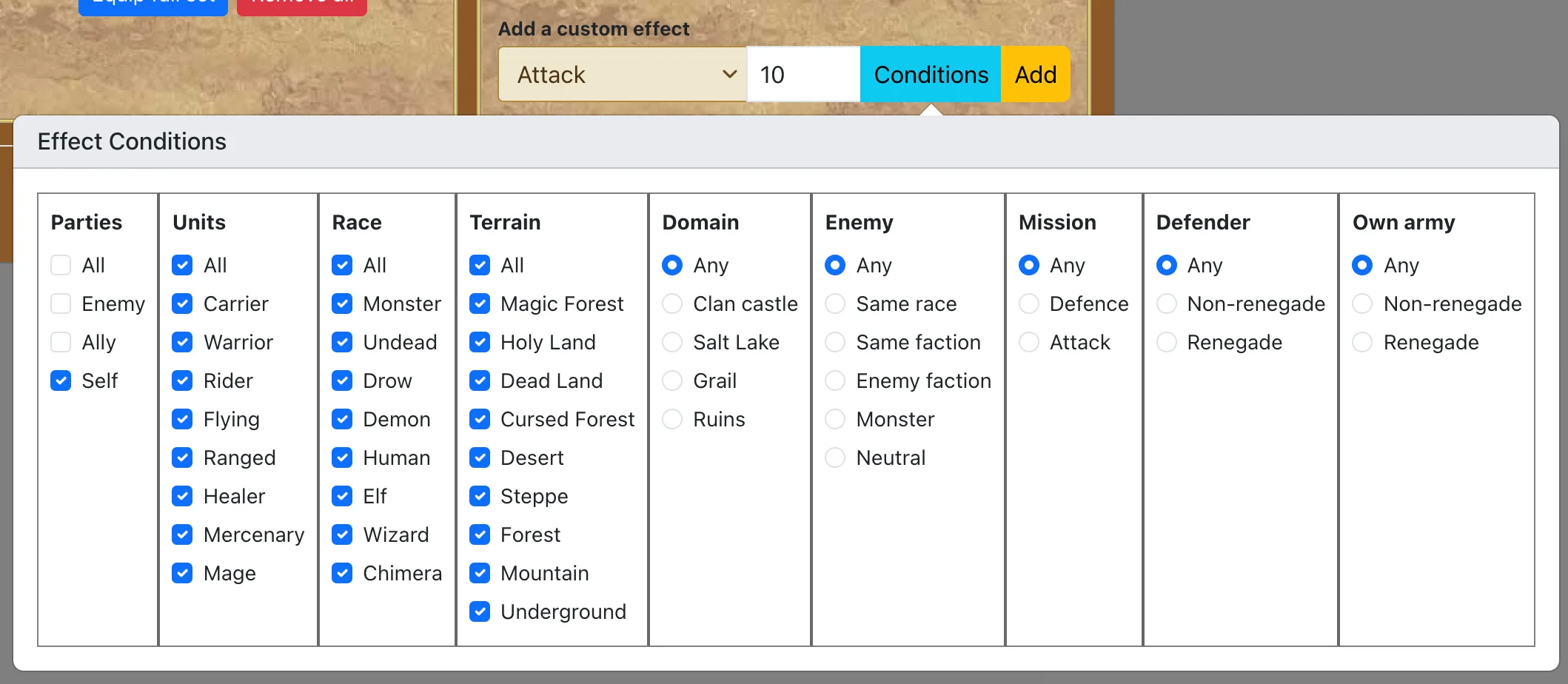 The custom effect form with conditions
