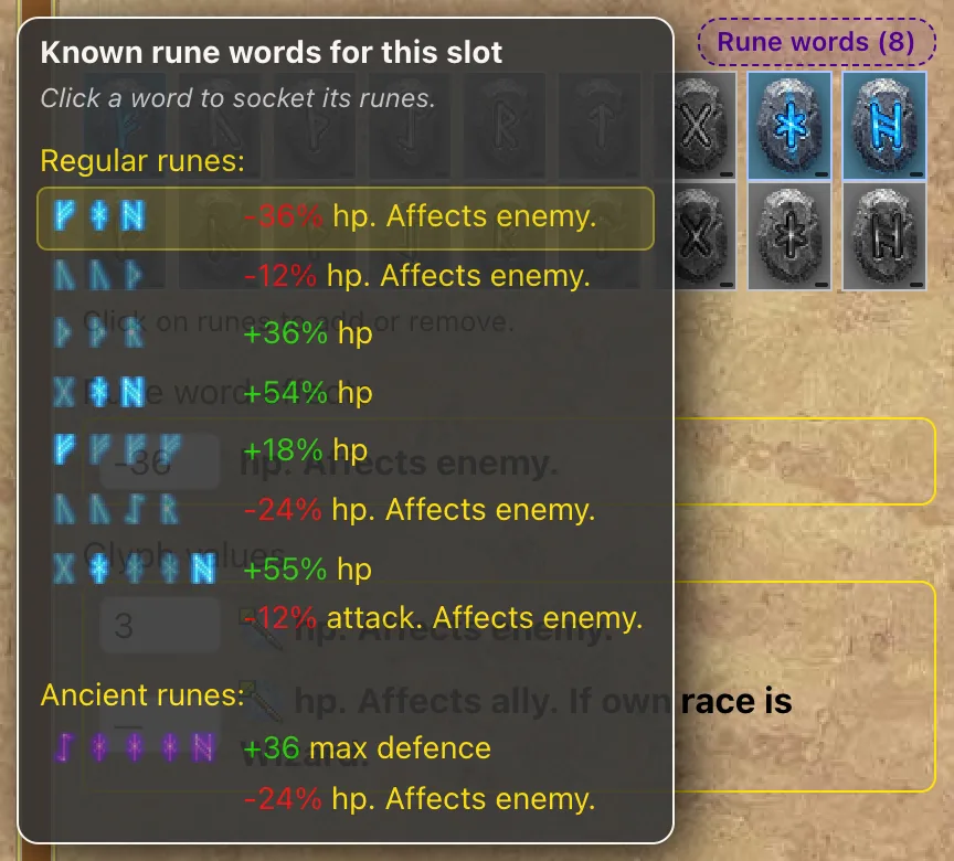 The hint with the known rune words for the slot