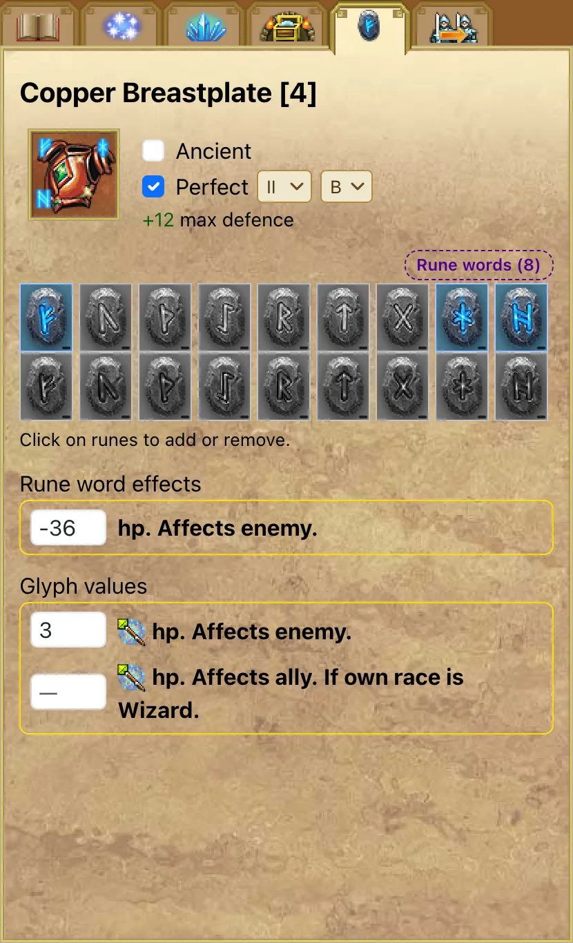 A formed rune word with editable values and glyphs