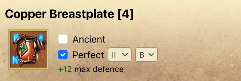 A perfect artifact with an improvement branch and level chosen